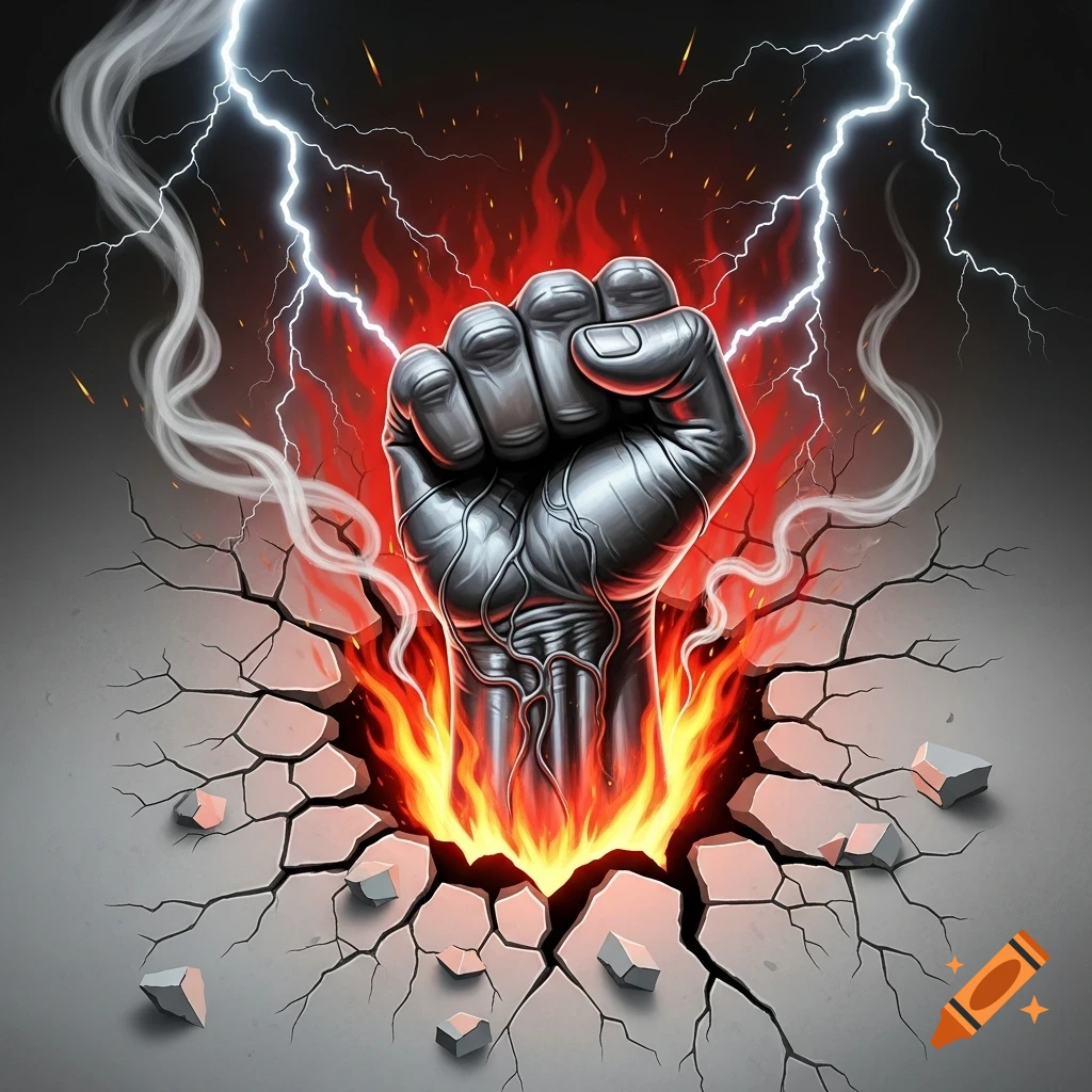Stylized metallic fist bursting through cracked ground with flames, smoke, and lightning, heavy metal album cover style.