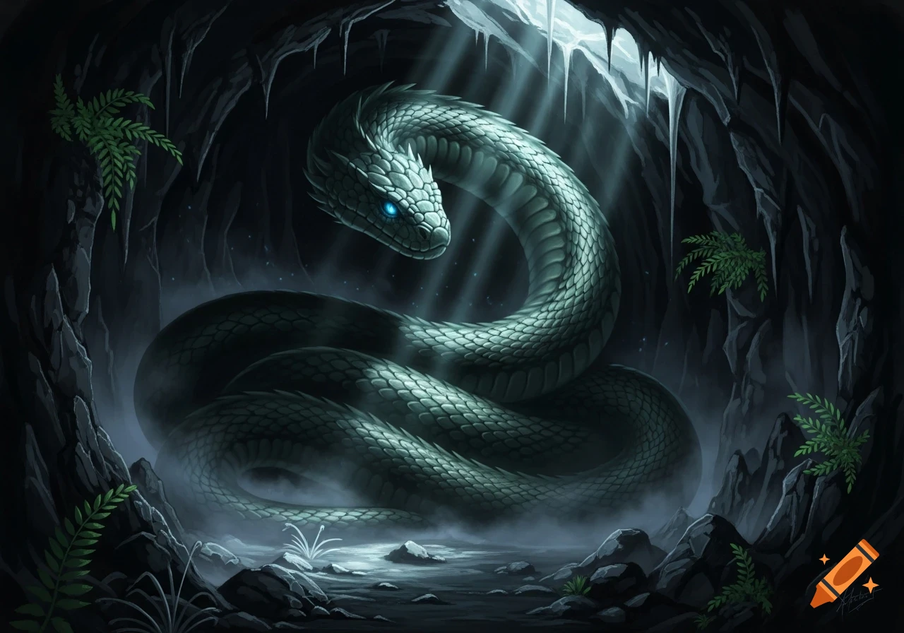 A large scaly snake with glowing blue eyes coiled in a dark, misty cave with light shining from above, digital art.