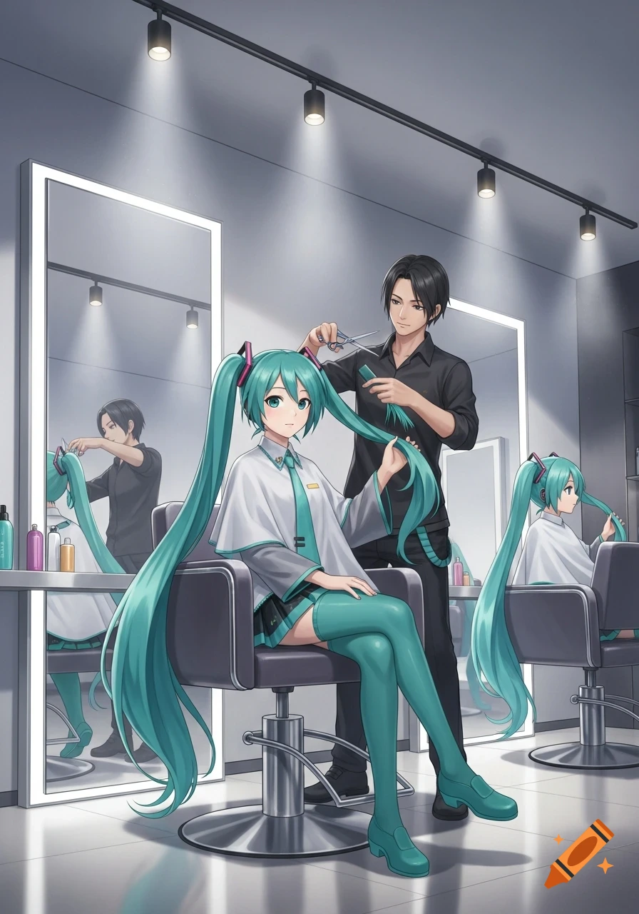 Hatsune Miku sits in a hair salon chair while a stylist cuts her long teal pigtails, depicted in an anime art style.