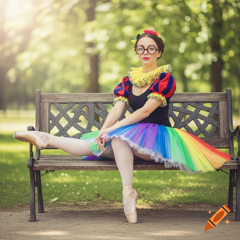 A ballerina in a black top, rainbow tutu, yellow ruff collar, and round glasses, sits on a park bench with her legs extended.