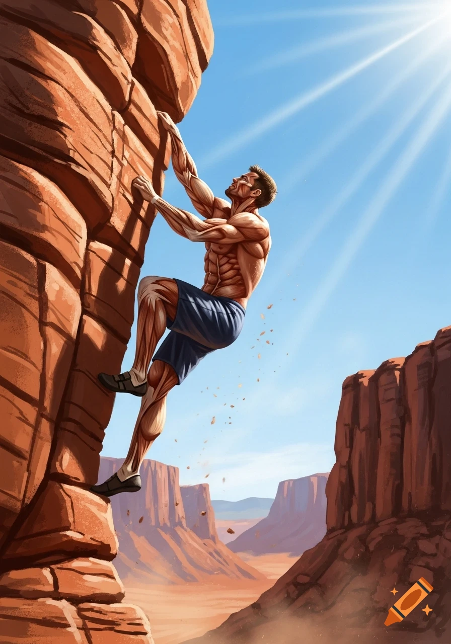 An illustrative depiction of a very muscular man rock climbing a tall red rock wall in a sunny desert canyon.