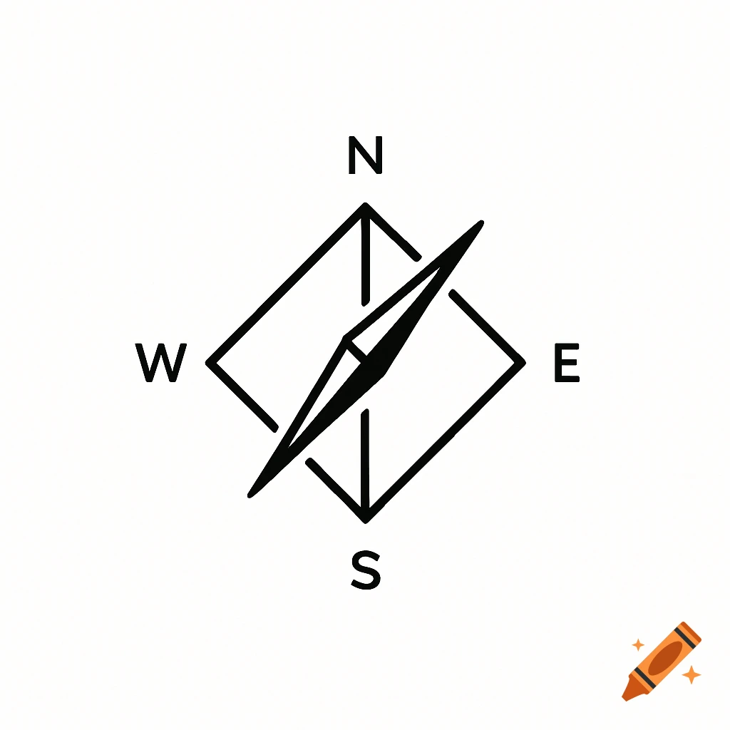 Simple black outline compass logo with cardinal directions N, E, S, W, set within a diamond shape.
