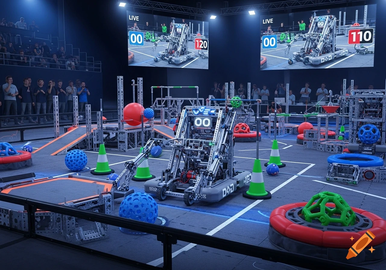 A VEX robotics competition arena with a large robot in the center, surrounded by various game elements like balls and ramps, under bright lights. Large screens display scores and live footage, and spectators watch from the stands.