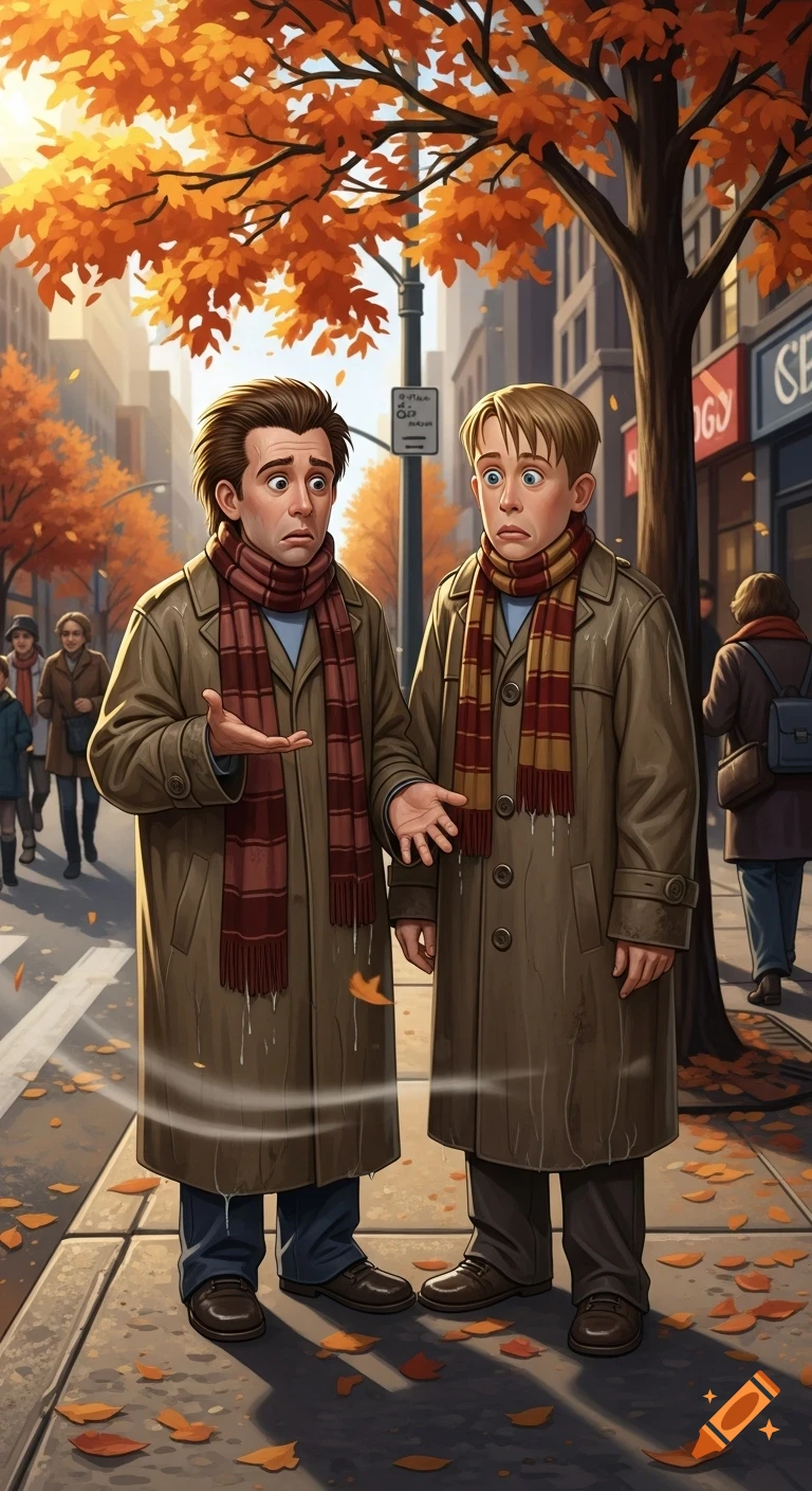 Two cartoon men in long coats and scarves look surprised on an autumn city street with fallen leaves and buildings in the background.
