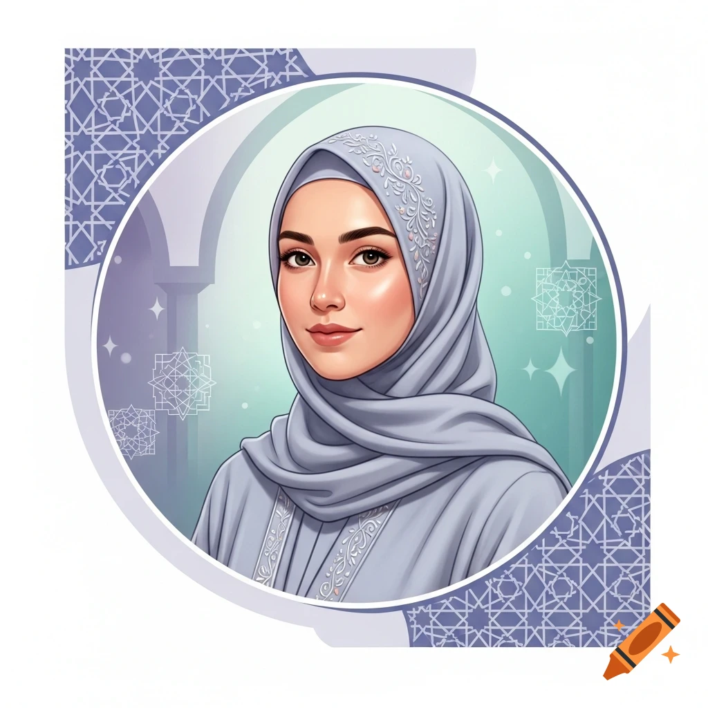 Digital illustration of a woman in a light blue hijab with ornate patterns, inside a circular frame with Islamic geometric designs.