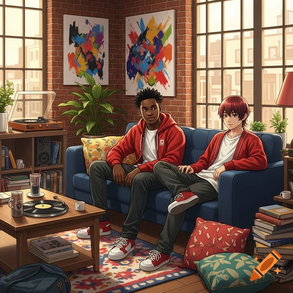 A black man and a Japanese man with red hair sit on a blue couch in an anime-style apartment living room with brick walls and large windows.