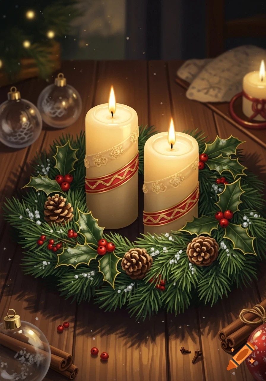 Two lit Advent candles in a festive green wreath with red berries and pinecones on a wooden table, with Christmas ornaments.
