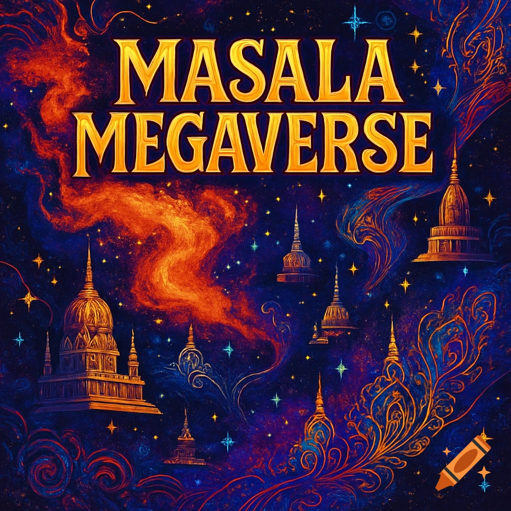 Golden 'MASALA MEGAVERSE' text against a cosmic backdrop with orange nebulae, blue swirls, stars, and floating golden stupas.