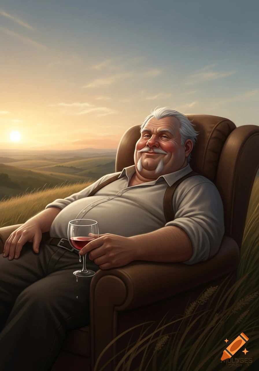 A smiling, portly elderly man with a white mustache and goatee sits in a brown armchair, holding a glass of red wine, overlooking rolling hills at sunset.