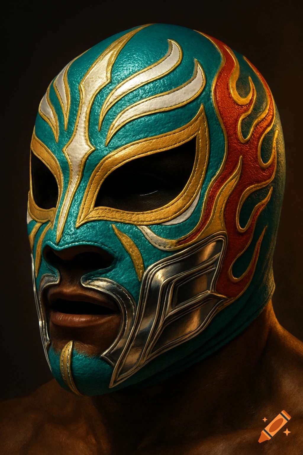 Detailed lucha libre wrestling mask in turquoise, gold, white, and red flame patterns with metallic chrome details against a dark background.