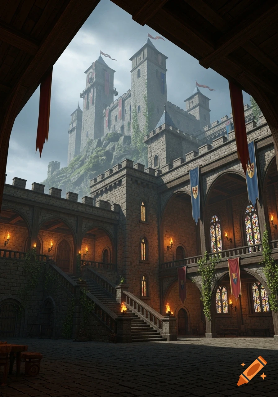 Grand medieval castle courtyard with stone architecture, arches, lit torches, stained glass, and a large fortress on a misty hill.