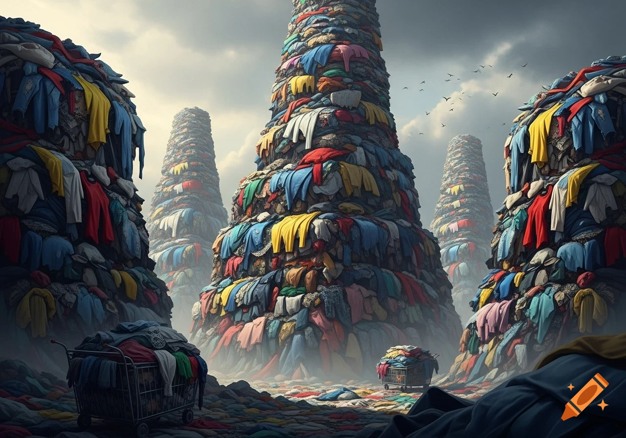 Gigantic towers of colorful discarded clothes rise in a misty, cloudy landscape with shopping carts full of garments.
