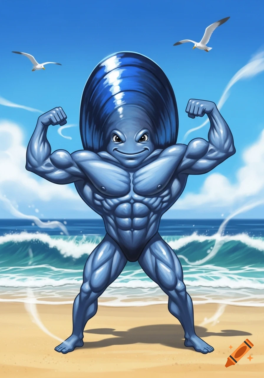A muscular, cartoonish blue mussel character flexes on a sunny beach with ocean waves and seagulls.