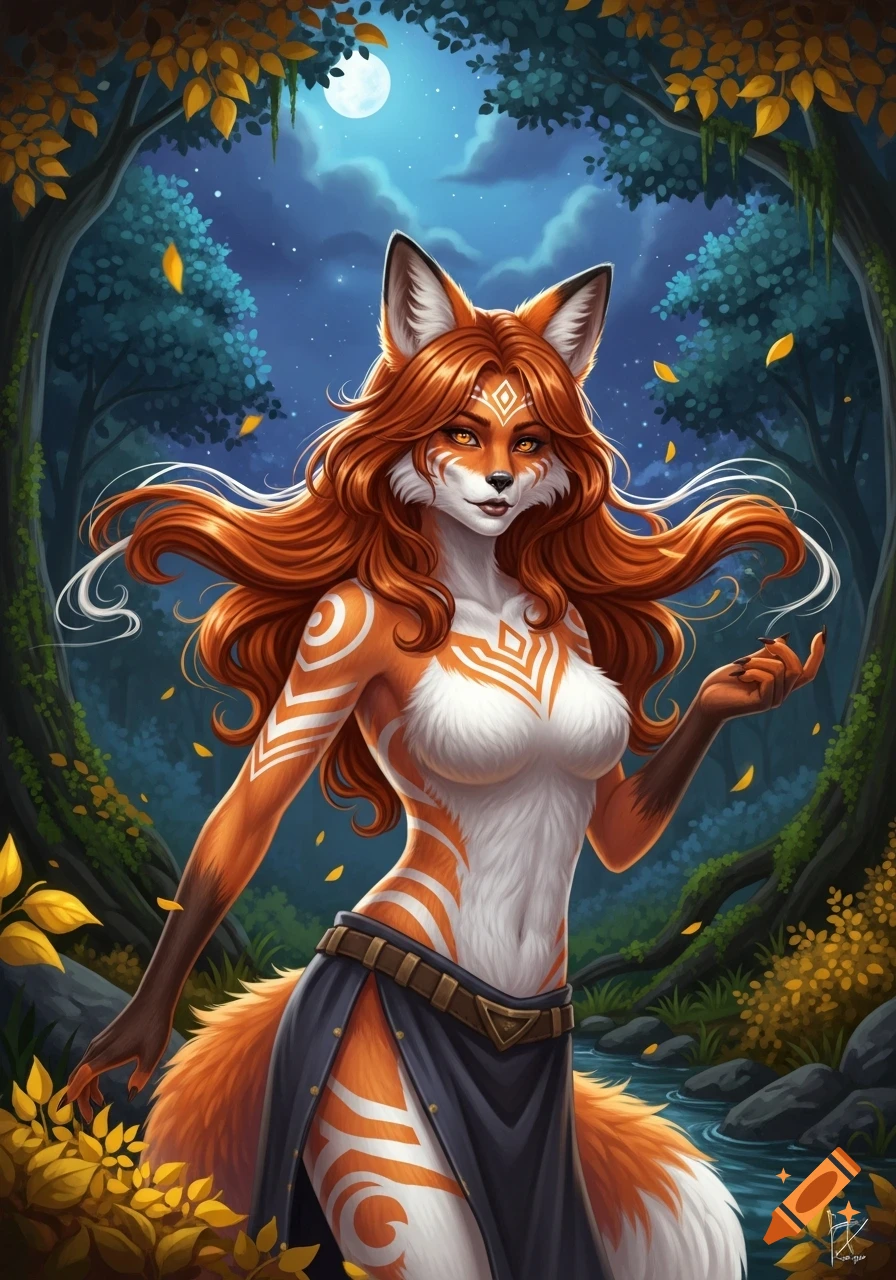 A detailed fantasy illustration of an anthropomorphic fox woman with long red hair and tribal markings, standing in a moonlit forest.