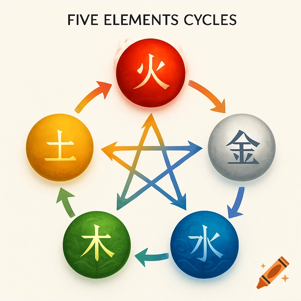 A diagram of the Five Elements Cycles with five colored spheres representing Fire, Earth, Metal, Water, and Wood, connected by arrows.