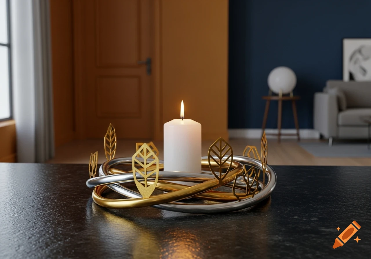 A modern Advent candle holder with gold and silver intertwined rings and golden leaf accents, holding a lit white candle on a dark table.
