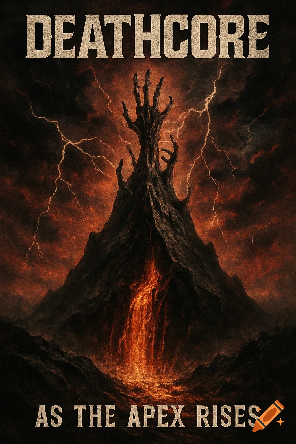 Ominous mountain with a skeletal hand-like peak, glowing lava, lightning, and 'DEATHCORE AS THE APEX RISES' text.