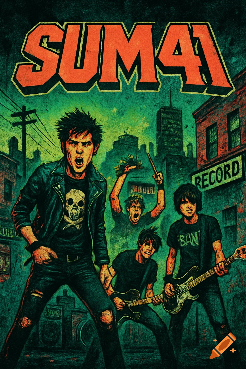 A vibrant comic art style album cover depicting a punk rock band with "SUM 41" title, set against a gritty urban background.