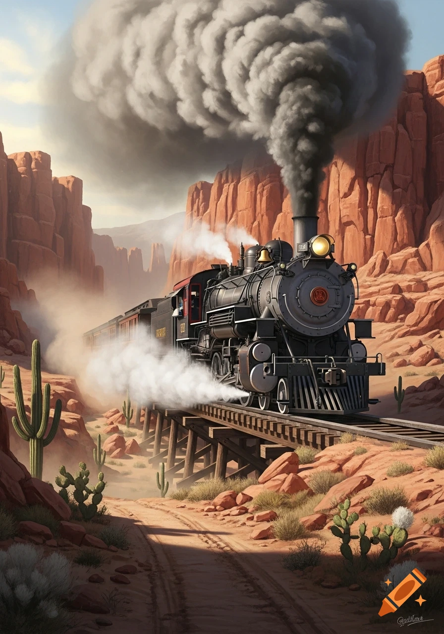 A powerful steam train travels across a wooden trestle bridge through a rugged desert canyon with towering red rock formations and green cacti, with smoke billowing from its smokestack.