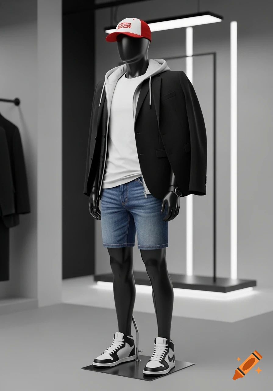 A mannequin in a white t-shirt, black jacket, blue shorts, red and white cap, black watch, and black and white sneakers in a modern store.