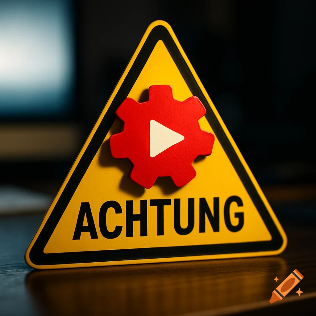 A yellow triangular warning sign with 'ACHTUNG' in black text and a red gear with a white play button. Blurred office desk background.