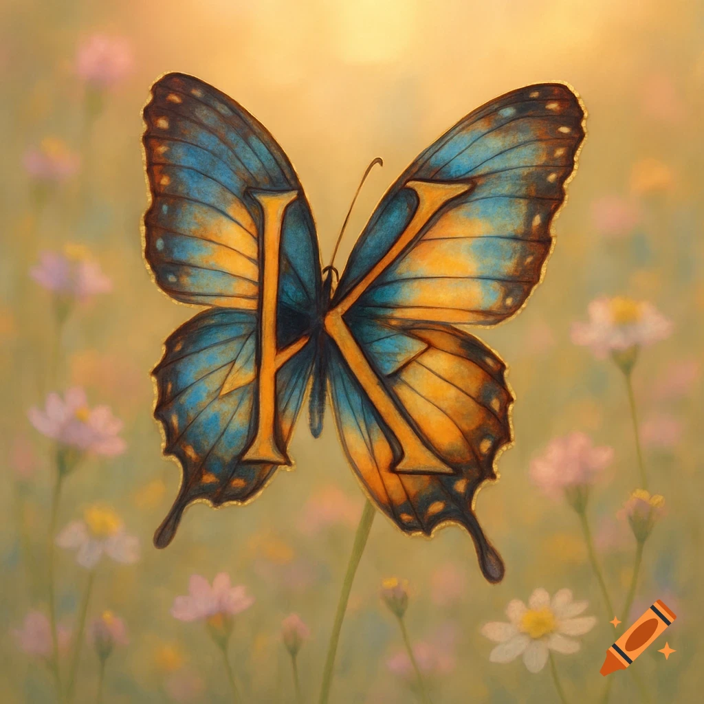 A blue and orange butterfly with a golden letter K on its wings, in a sunlit field of soft focus flowers.