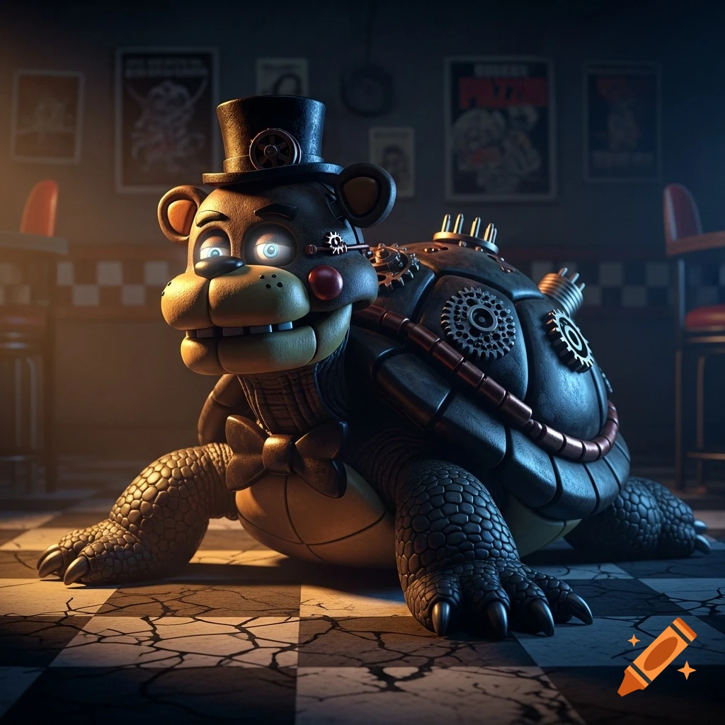 A steampunk Freddy Fazbear-like turtle with glowing blue eyes and a top hat sits on a cracked checkered floor in a dimly lit restaurant.