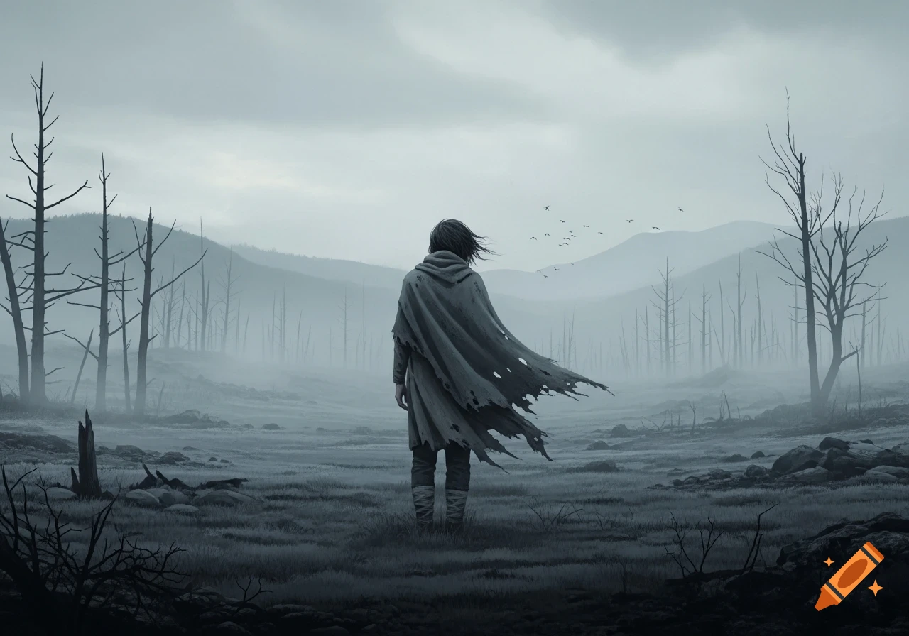 A lone figure in a tattered cloak stands in a desolate, foggy landscape with dead trees and distant mountains, in a somber, monochrome art style.