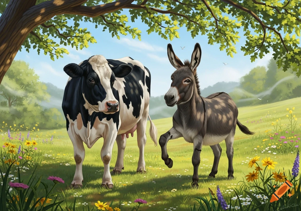 An illustration of a black and white cow and a brown donkey standing in a sunny green meadow with wildflowers under a tree.