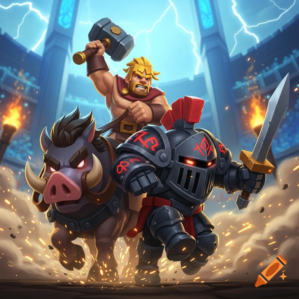 A stylized barbarian with a hammer rides a boar next to a black knight with a sword, charging through a fiery arena with lightning.