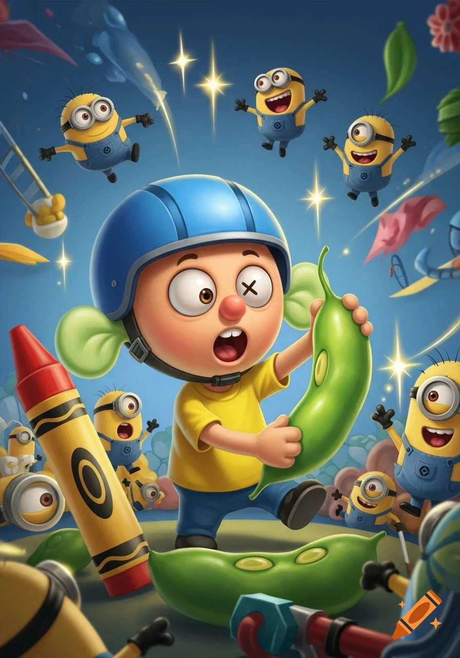 A cartoon child in a blue helmet with leaf ears, holding a giant green bean, looks surprised amidst flying Minions and oversized objects.