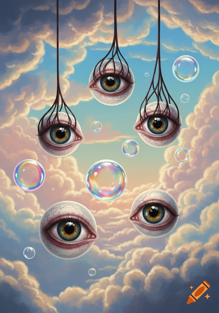 Surreal painting of multiple disembodied eyeballs with veins and tendrils floating among clouds and colorful bubbles in a blue sky.