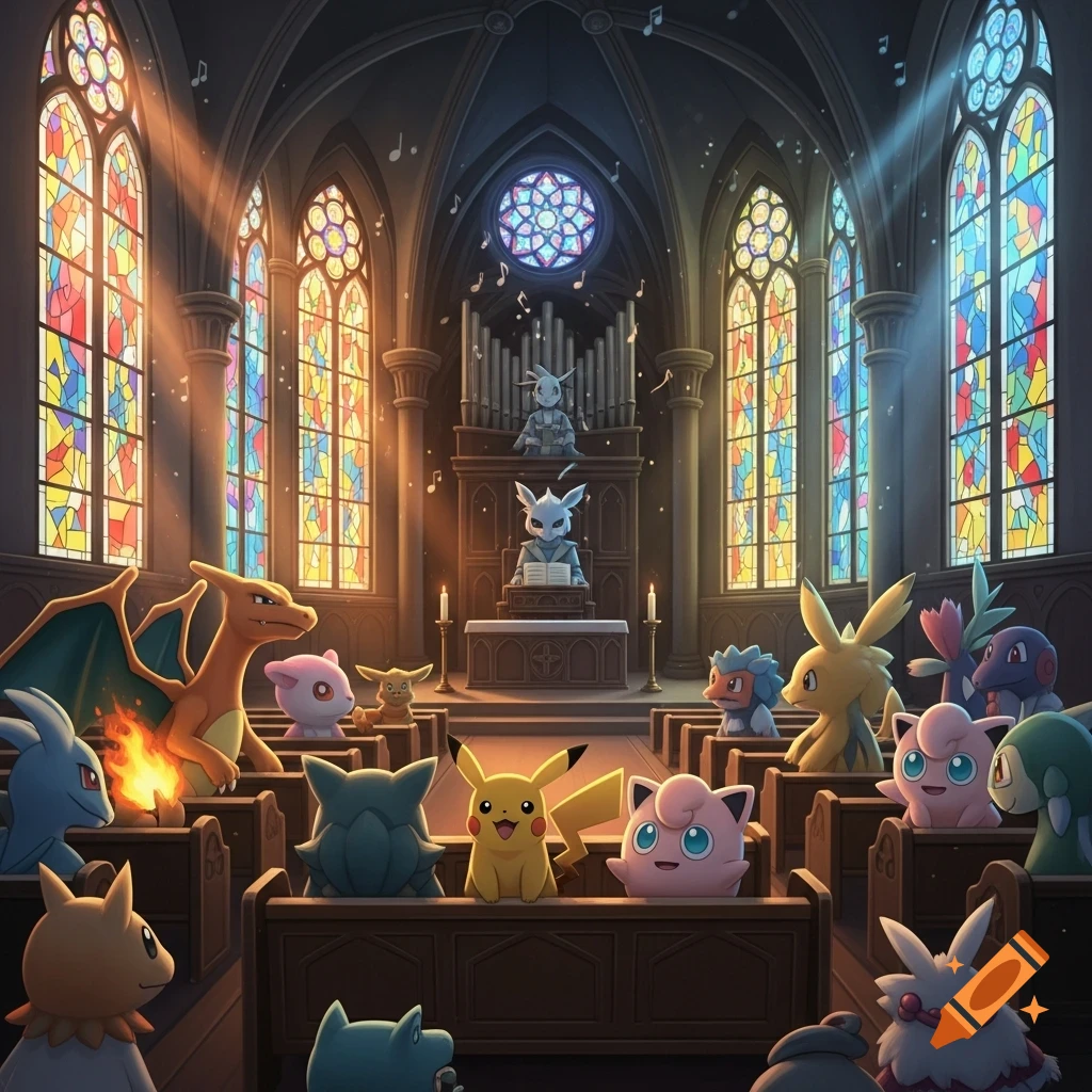 Various Pokemon characters attend a church service with stained glass windows, an organ, and light rays shining through.
