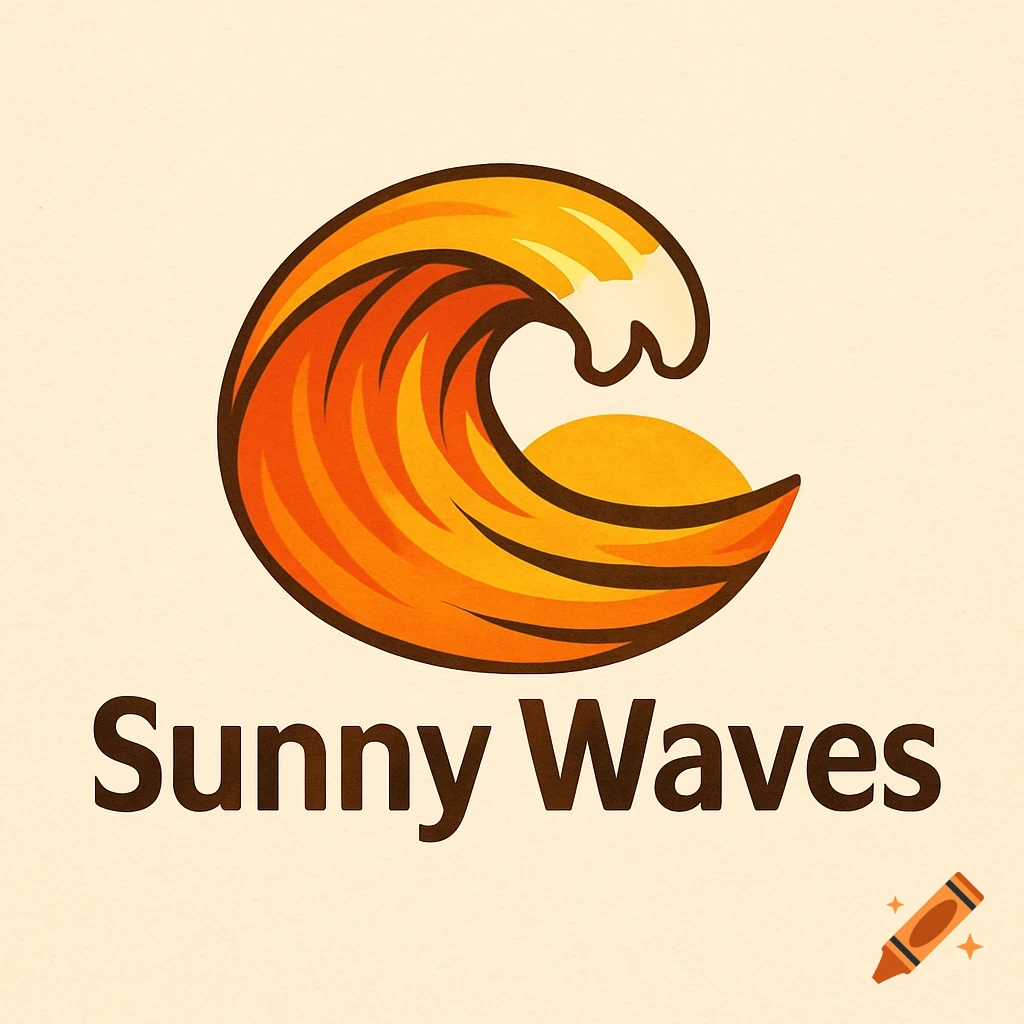 A stylized orange and yellow wave logo with a sun, above the text "Sunny Waves" on a cream background.