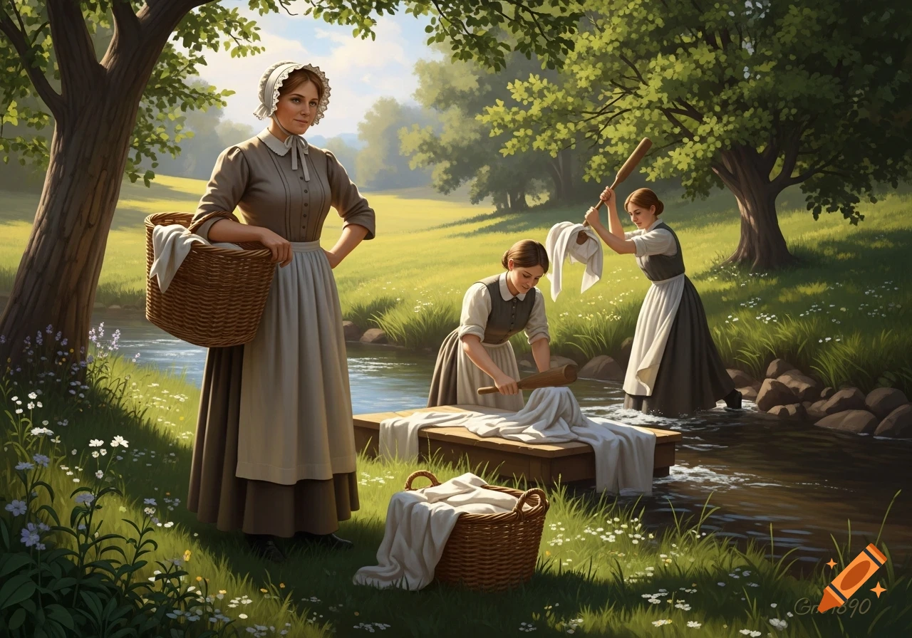 Three women in historical attire doing laundry in a stream in a lush, green landscape, realistic painting.