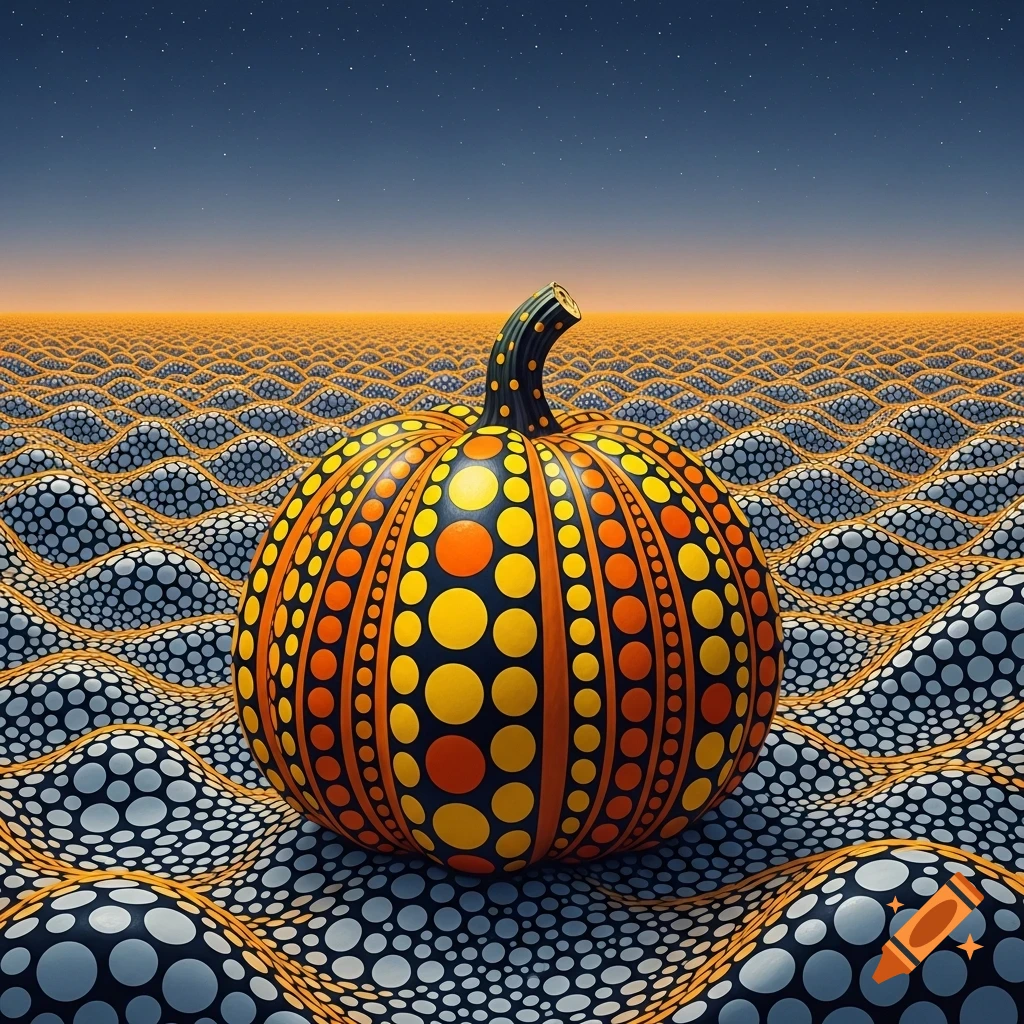 Yayoi Kusama-style orange and yellow polka-dotted pumpkin in a wavy, black and white polka-dotted landscape under a starry night.