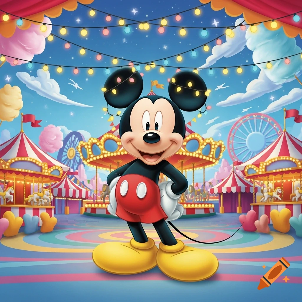Mickey Mouse stands happily in a vibrant cartoon carnival with a carousel, Ferris wheel, and colorful lights.