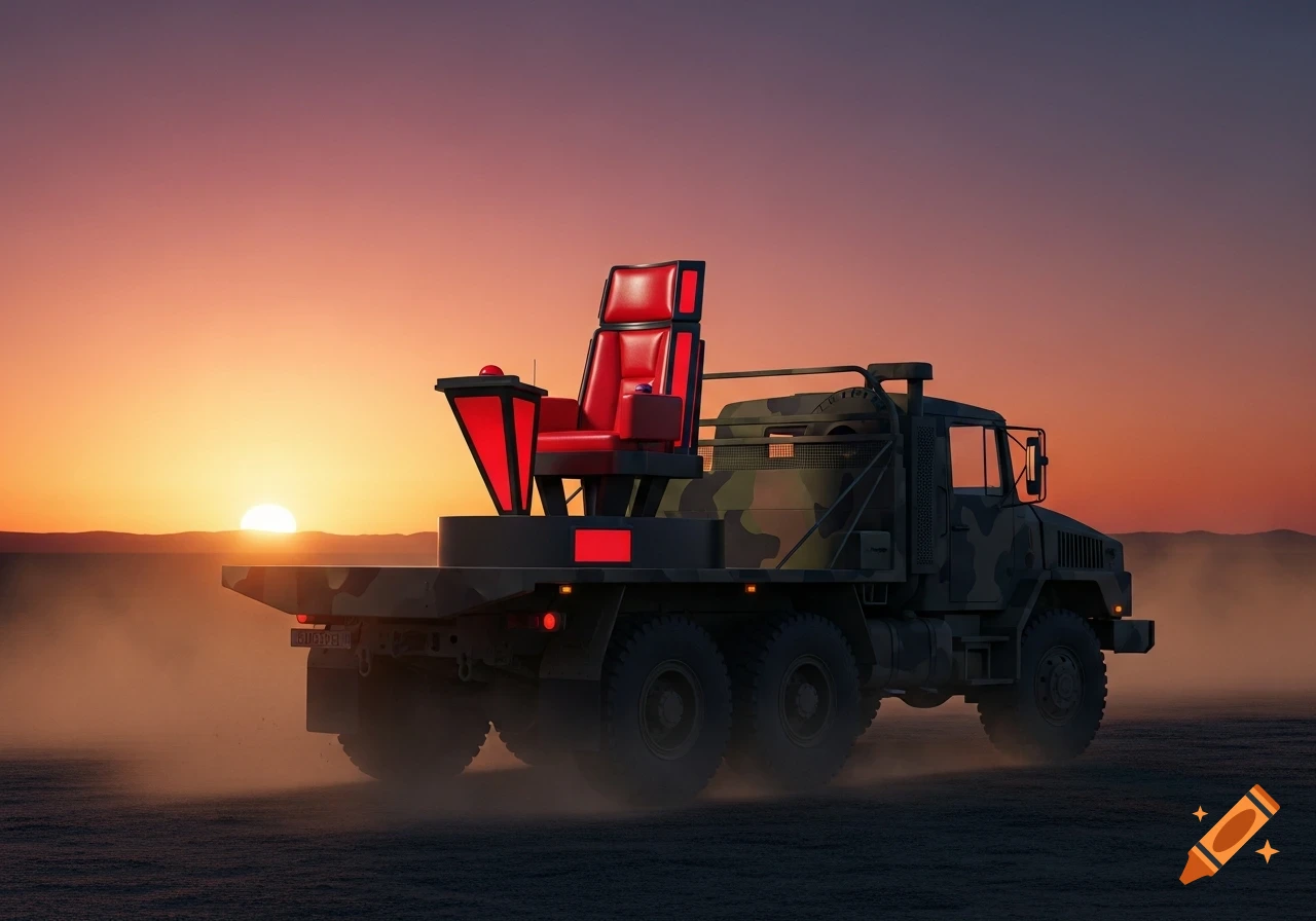 A red 'The Voice' chair on a camouflage army truck drives through a dusty desert at sunset.