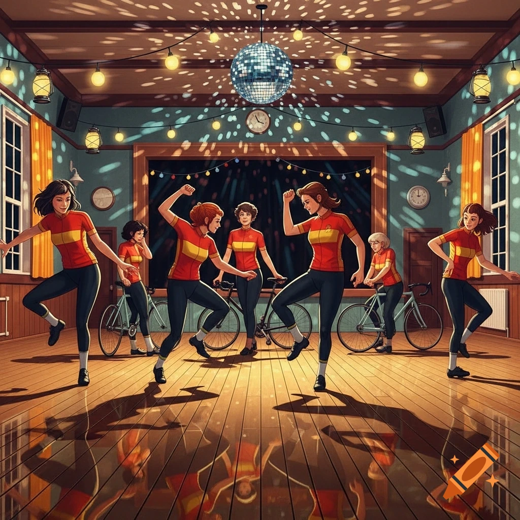 Illustrated scene of women in cycling jerseys disco dancing in a village hall, with bicycles and a disco ball.
