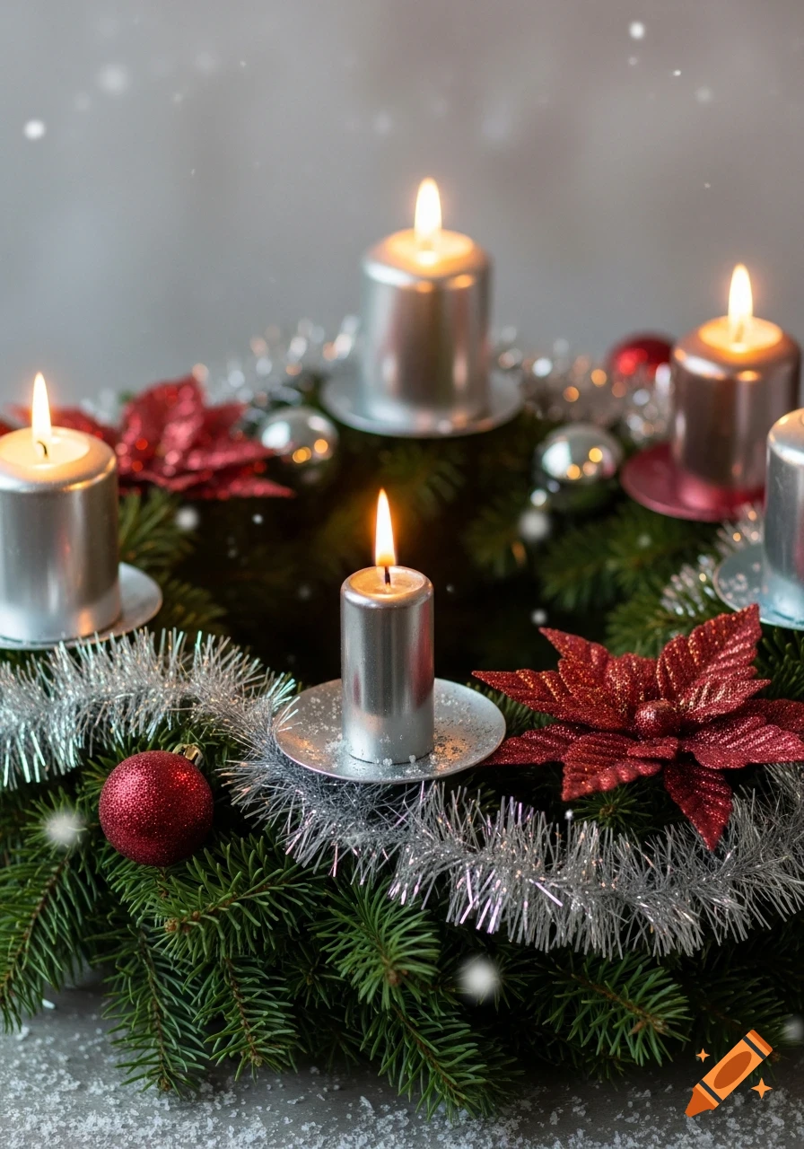 A photorealistic Advent wreath with four lit silver candles, green pine, red glitter poinsettias, silver tinsel, and falling snow.