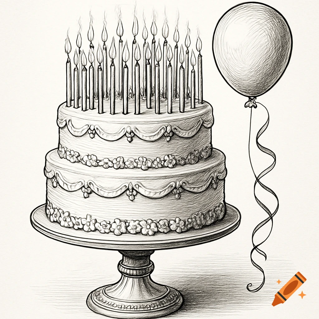 Black and white line art drawing of a two-tier birthday cake with many lit candles and a balloon.