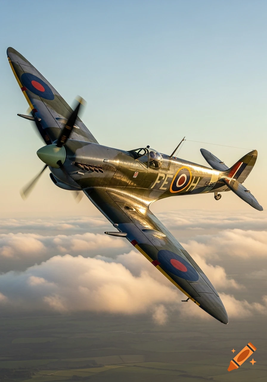 A photorealistic Supermarine Spitfire aircraft with 'FE OH' markings flies above clouds, lit by golden hour sun.