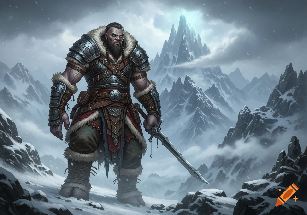 A large, bearded Goliath fighter in fur and metal armor holds a sword in a snowy mountain landscape with a glowing peak.