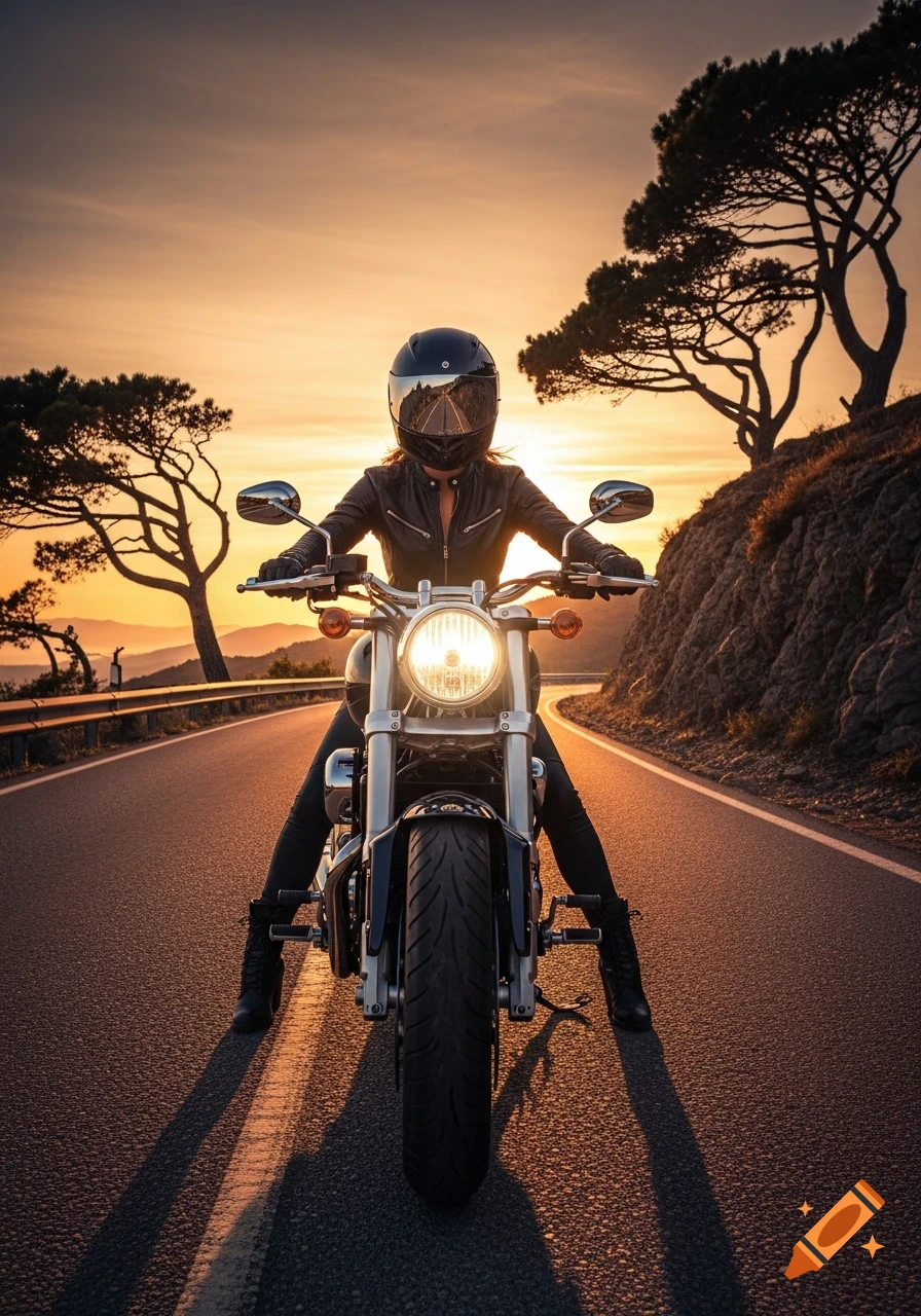 A biker in a helmet and leather jacket on a motorcycle on a winding road at sunset, with mountains and trees in the background.
