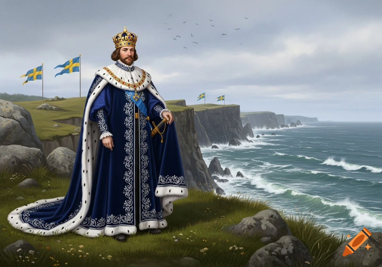A king in a blue velvet royal robe and gold crown stands on a grassy cliff overlooking a turbulent sea, with Swedish flags flying in the background, in a painted style.
