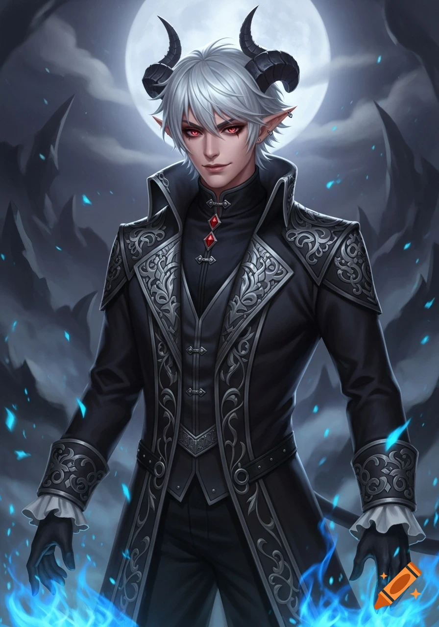 White-haired demon boy with red eyes and horns, wearing an ornate black coat, stands against a full moon with blue magic.