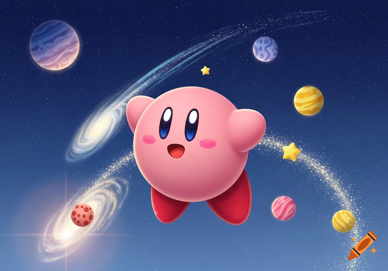 Pink cartoon character Kirby floats in space surrounded by colorful planets, stars, and swirling galaxies.