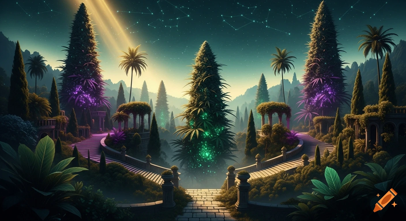 Ethereal landscape with towering bioluminescent cannabis and palm trees, winding stone pathways, and glowing gardens under a starry teal sky.