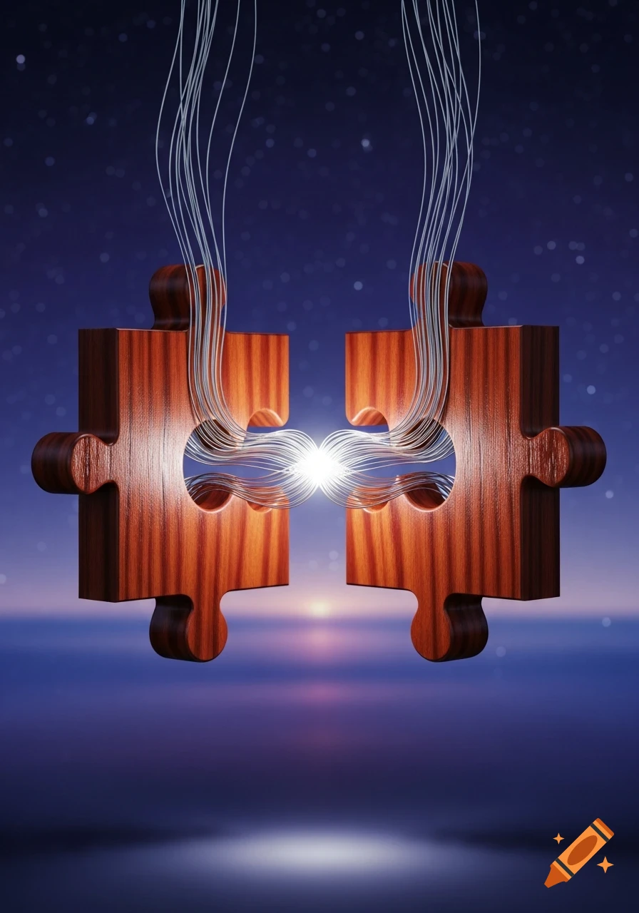 Two wooden puzzle pieces connect with glowing fibers against a cosmic night sky and serene reflective water.