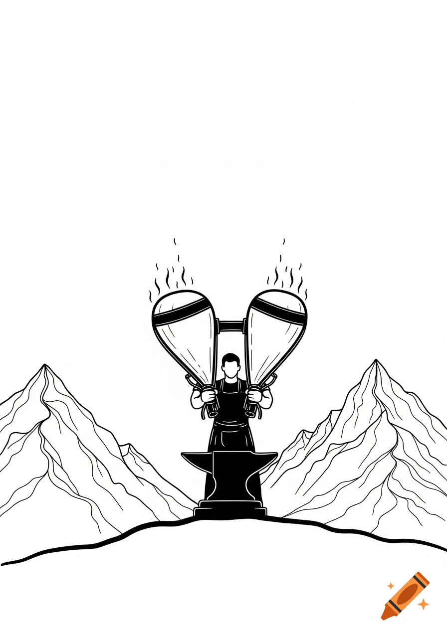 Line art of a blacksmith holding bellows on an anvil, flanked by two mountains.